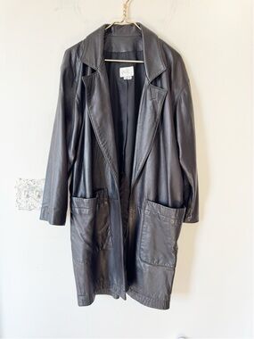 Vintage 90s Vakko Black Leather Long Blazer Trench Coat M